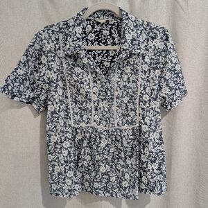 Floral Boho Cottagecore Button Blouse Top Sz M Lucky Brand Blue White